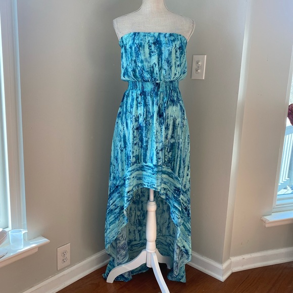 JAYGODFREY Dresses & Skirts - JayGodfrey Turquoise & Blue Marbled Silk Strapless High Lo Sundress